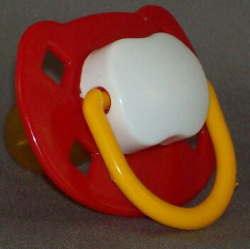 Red & white & yellow Spanish style dummy with Nuk teat